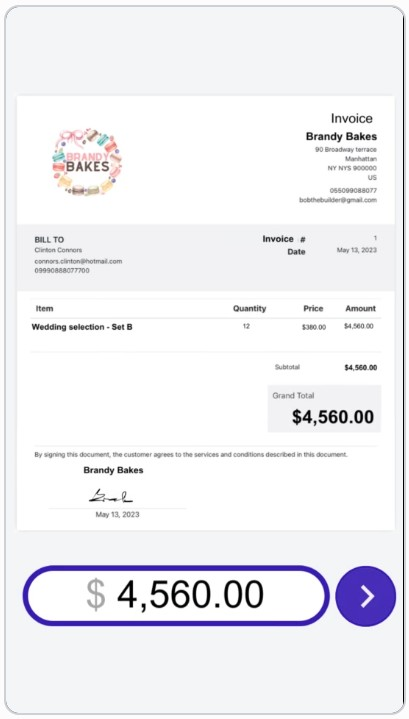 Mobile invoice with payment button